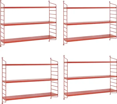 Four identical red modular wall shelves are displayed against a white background.