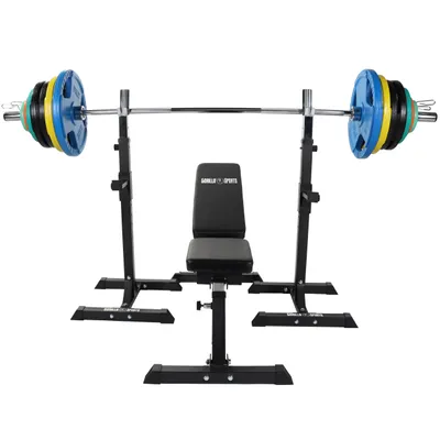 Produktbild von GORILLA SPORTS® Hantelbank - mit Gewichten, Ablage, Hantelset 150 kg, Olympia Langhantelstange 50mm, Gummi Hantelscheiben, Verstellbar - Trainingsbank, Flachbank, Schrägbank, Drückerbank, Fitnessbank