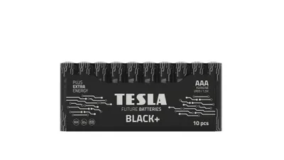 A pack of 10 AAA batteries in a black cardboard box with white lettering and circuit board graphics.