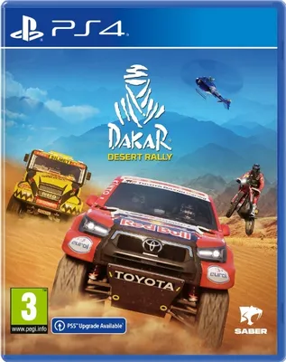 The image is a game box cover for Dakar Desert Rally on PS4, featuring racing vehicles in a desert environment.