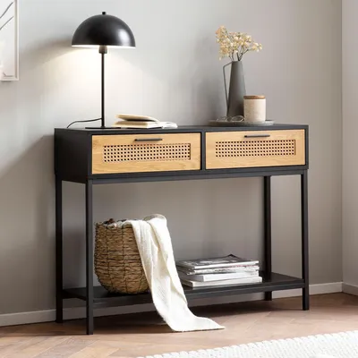 Obrázek produktu pro Konzolový stolek černý 100x30x75 cm designový příborník předsíň, úzký odkládací stolek s vídeňským proutí, předsíňový stolek se šuplíky a policí, předsíňový stůl dlouhý vysoký ratan | Wohnling