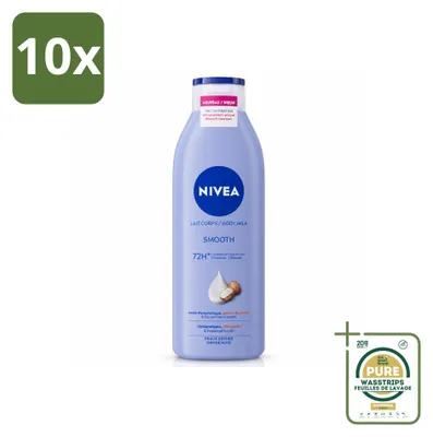 Imagen del producto de 10 unidades de crema corporal NIVEA para piel seca, con manteca de karité, de 250 ml. Paquete de ahorro