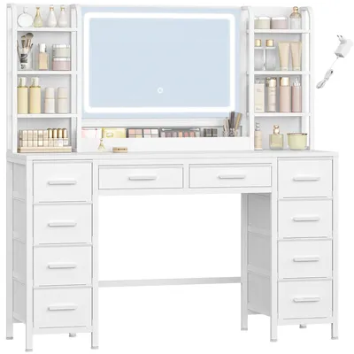 Image de Coiffeuse avec miroir - 10 tiroirs et 8 étagères ouvertes - Espace de rangement devant le miroir - Bois MDF moderne - Blanc