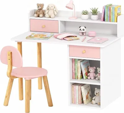 Imagen del producto de Escritorio y silla para niños con cajones, para edades de 3 a 8 años, color rosa