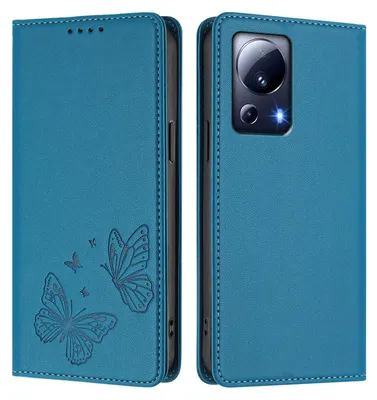Produktbild von Lederhülle für Xiaomi 13 Lite, Schmetterling Prägung Leder Brieftasche Schutzhülle mit Ständer Blau