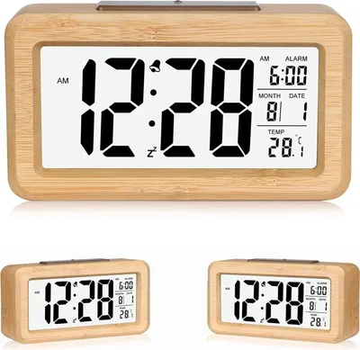 Produktbild von Wecker, einfach einzustellender digitaler Bambuswecker mit Temperatur, Datum, Hintergrundbeleuchtung, Schlummerfunktion, für Schlafzimmer, Bett, Zuhause, Büro, kein Ticken