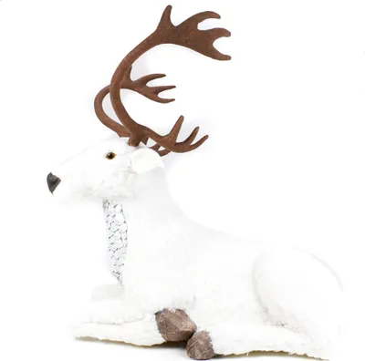 Produktbild von Weihnachtsfigur, liegendes Rentier mit weißem glitzerndem Kunstfell und Geweih, Weihnachtsdekoration, Länge Körper ca. 85 cm