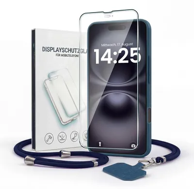 Produktbild von Handyhülle für Apple iPhone 16 mit Handykette und 9H Displayglas Displayschutz Band Kordel Hülle Case Schutzhülle Blau