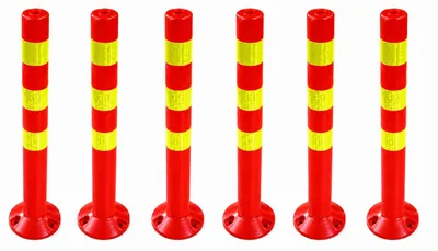 Immagine prodotto di set di 6 paletti barriera [altezza-72,5 cm] - paletto barriera riflettente | barriera con base [fissaggio con viti] | supporto barriera | paletto parco colore rosso | delineatore | dissuasore set economico