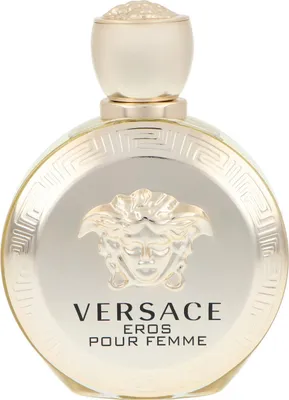 A close-up studio shot of a gold Versace Eros Pour Femme perfume bottle.