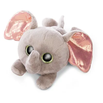 A plush toy elephant is lying on a white background.