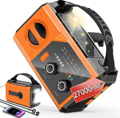 Zdjęcie produktu dla Uniqoos® Przenośne radio awaryjne – powerbank o pojemności 27 000 mAh, Bluetooth 5.3, latarka LED, port USB-C, ładowanie korbką i energią słoneczną, funkcja SOS, kompas – idealne do użytku na zewnątrz i w przypadku przerw w dostawie prądu