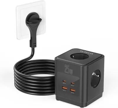Produktbild von Mehrfachsteckdose mit 4 Steckdosen – Steckdosenwürfel mit 8 Steckplätzen und USB-C-Anschluss