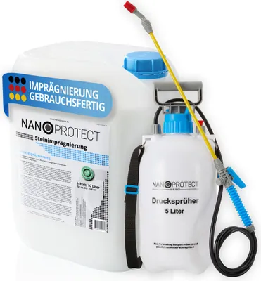 Produktbild von Nanoprotect Steinimprägnierung 10 L inkl. Drucksprüher | Vorbeugend gegen Grünbelag und Schmutz | Ideal für Pflastersteine, Beton und Naturstein | 10 L für ca. 80 – 120 m²