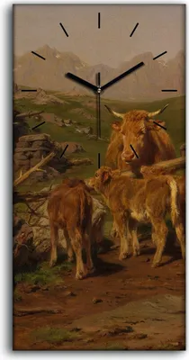 Produktbild von Wandbild Leinwand Bilder Wanduhr 30x60 Gemälde Landschaft Tiere Kühe Berge - schwarze Hände