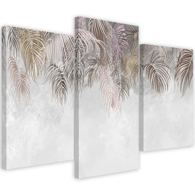 Produktbild von Triptychon auf leinwand palmenblätter 150x100 cm Feeby grau wandbild bereit zum aufhängen