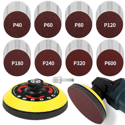 Produktbild von Schleifscheiben-Set 125mm Klett für Winkelschleifer 80 Stück mit M14 Schleifteller und Schaft für Holz und Metall
