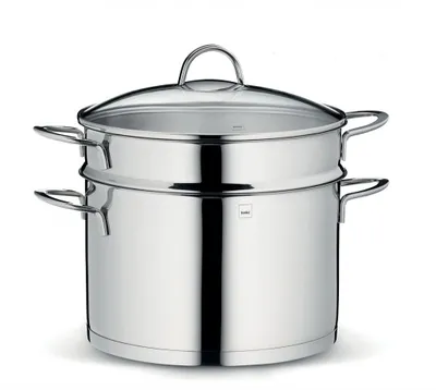 A stainless steel pasta pot with a glass lid and handles, shown against a white background.