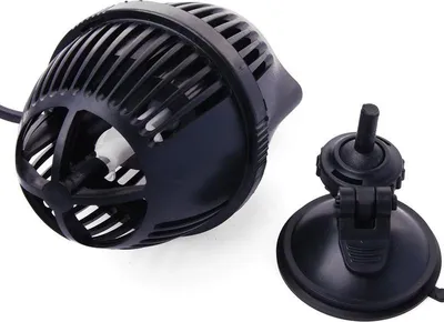 A black water pump and its suction cup mount are displayed against a white background.