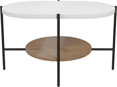 Produktbild von Arena Moderner Couchtisch mit 2 Ablagen / Oval + Rund / 80 x 50 x 50 cm / mit Schwarz Metallgestell / Weiß / Eiche