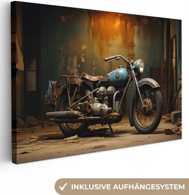 Zdjęcie produktu dla MuchoWow® - Obraz na płótnie - Vintage - Motocykl - Niebieski - Stary - Garaż, obraz na ścianę, dekoracja ścienna obrazy do salonu, 120x80cm