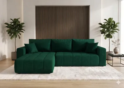 Image de Canapé d’angle LARA gauche vert velours Monolith 37 - fonction couchage, coffre de rangement pour la literie