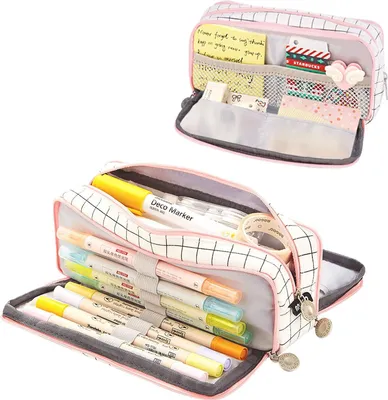 Image de Grande trousse à 3 compartiments pour l'école et le bureau - trousse à crayons multifonctionnelle, organiseur et trousse de maquillage pour enfants et adultes