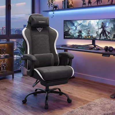 Produktbild von SONGMICS Gaming-Stuhl, Ergonomischer Bürostuhl mit Fußstütze, bis 150 kg, 70 x 70 x 123,5-133 cm, Schwarz