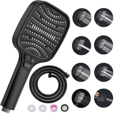Produktbild von Duschkopf mit Schlauch Schwarz 1.5m – 8 Strahlarten, Stoppfunktion, Wassersparend, Kalkresistent