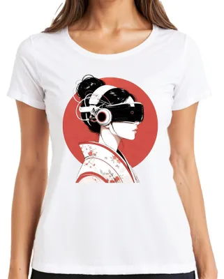 Immagine prodotto di Maglietta da donna, bianca, taglia S, con design cyberpunk, ispirato alle geishe, alla cultura giapponese, al futuro, allo stile Y2K e all'universo degli otaku