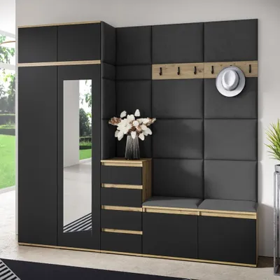 Produktbild von Garderoben-Set BERLIN – Kleiderschrank mit Polsterplatten, Schuhschrank und Schrankaufsatz, für Flur und Eingangsbereich (Artisan/Schwarz, Trinity 15)