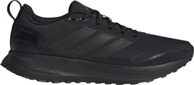 A black Adidas running shoe is shown from the side against a white background.