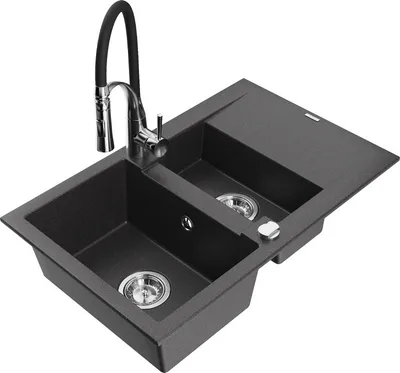 Produktbild von Mexen Gaspar 1,5-Becken-Granitspüle mit Abtropffläche und Mischbatterie Aster, Schwarz gesprenkelt - 6507-76-73450-07