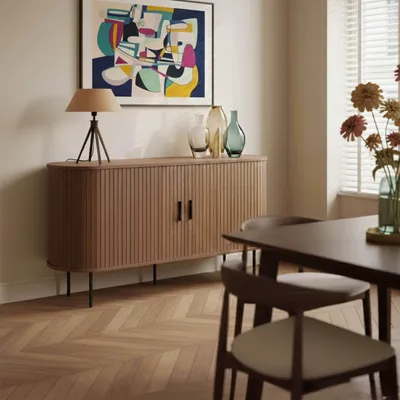 Produktbild von 2-türiges Sideboard aus Melamin und Stahl 140 cm Nussbaum - Oviala Marius