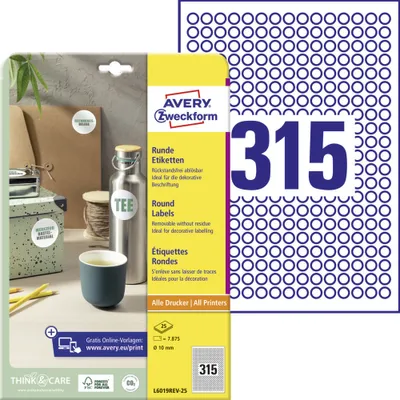 Produktbild von Avery Zweckform L6019REV-25 Runde Etiketten, ablösbar, A4, Ø 10 mm, 25 Bogen/7.875 Etiketten, weiß