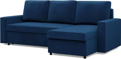 A dark blue sectional sofa with a chaise lounge is shown against a white background.