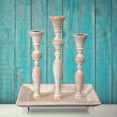 Produktbild von Kerzenhalter, Holz, eckig, Weiß-braun, 3 Kerzen, Chabby Chic
