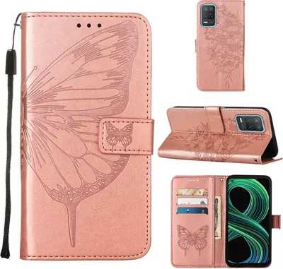 Produktbild von OPPO Realme 8 5G Hülle, Schmetterling Prägung Flip Leder Kartenfächer Schutzhülle Ledertasche mit Ständer für OPPO Realme 8 5G / Realme V13 5G / Narzo 30 5G Roségold