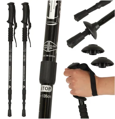Image de Bâtons de randonnée pliables pour la marche, avec embouts, lot de 2, noirs