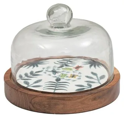 Obrázok produktu pre Only Natural – Drevený podnos so sklenenou kupolou, veľkosť S, viacfarebný, 18 × 18 × 12 cm