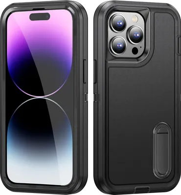 Immagine prodotto di Custodia per iPhone 14 Pro Hybrid a tre strati Robusta custodia protettiva antiurto con supporto Nero