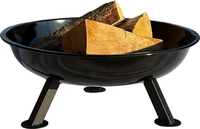 A black steel fire pit filled with logs, shown on a white background.