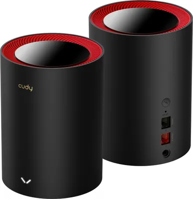 Two black cylindrical mesh Wi-Fi routers with red accents on top.