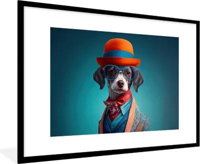 Produktbild von MuchoWow® Gerahmtes Poster Hund - Jacke - Blumen - Porträt - Blau 90x60 cm - Poster mit Schwarzem Bilderrahmen Wandposter Rahmen Foto Bilder - Wanddekoration - Fotos