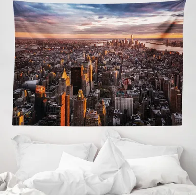 Produktbild von ABAKUHAUS Vereinigte Staaten von Amerika Wandteppich, Manhattan Skyline Sonnenuntergang aus Weiches Mikrofaser Stoff Waschbar ohne Verblassen Digitaldruck, 150 x 110 cm, Blau Orange Weiß