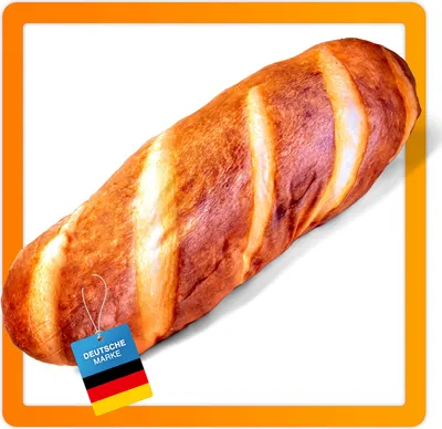 A realistic plush toy shaped like a baguette, with a tag attached showing the German flag and text.