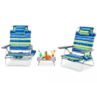 Immagine prodotto di COSTWAY Set da 2 sedie da spiaggia con tavolino, sedie da campeggio pieghevoli e leggere con schienale regolabile, poggiatesta, 2 portabevande e tasca, sedie pieghevoli