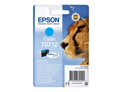 Produktbild von Epson Cheetah Singlepack Cyan T0712 DURABrite Ultra Ink, Standardertrag, Cyan, 5,5 ml, 1 Stück(e), 495 Seiten, Einzelpackung