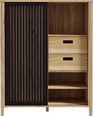Produktbild von Forte JYTANA Schrank 100 105, skandinavischer Schrank mit 2 Schubladen, Schranktür und 3 offenen Fächern, Mauvella Eiche mit Schwarz, 103,4 cm breit x 129,9 cm hoch x 40,2 cm tief