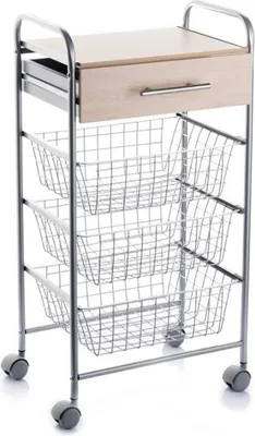Image de DON HIERRO - Chariot de cuisine ALESIA - 3 paniers métalliques, tiroir et plan de travail en hêtre, gris aluminium